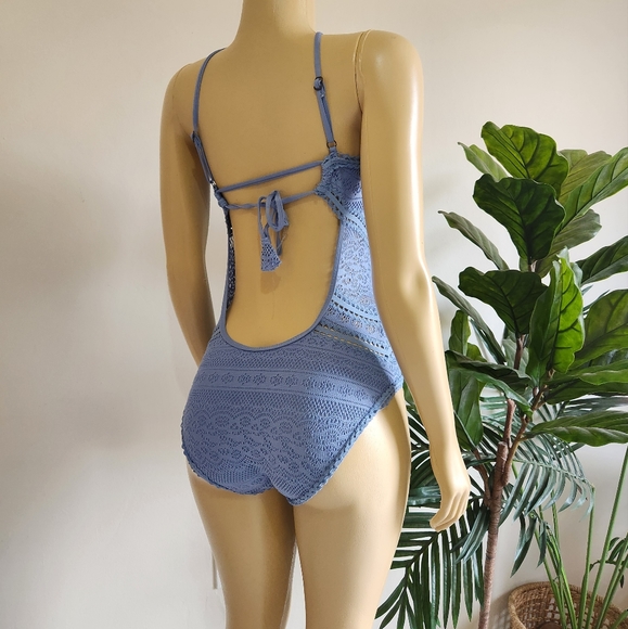 Becca High-Neck Illusion Crochet One-Piece Swimsuit Baby Blue Color Size M - Picture 7 of 11
